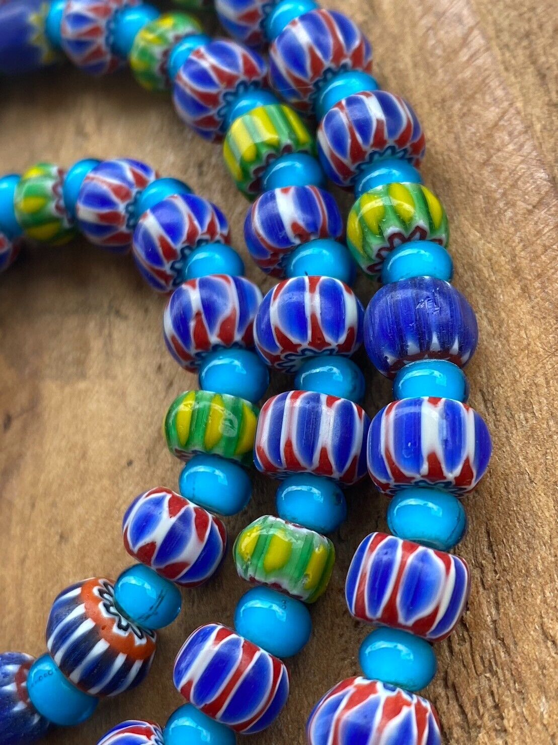 Vintage Chevrons & White Heart Venetian Multilayers Glass Beads Necklace N-206