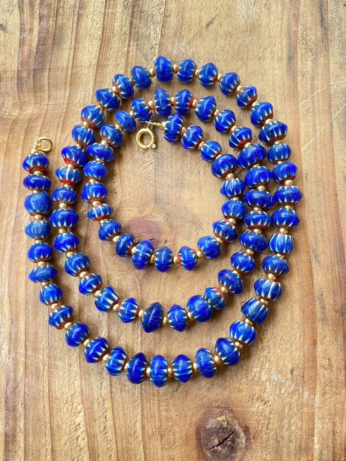 Vintage Blue Chevrons  Multilayers Glass Beads Necklace N-2011