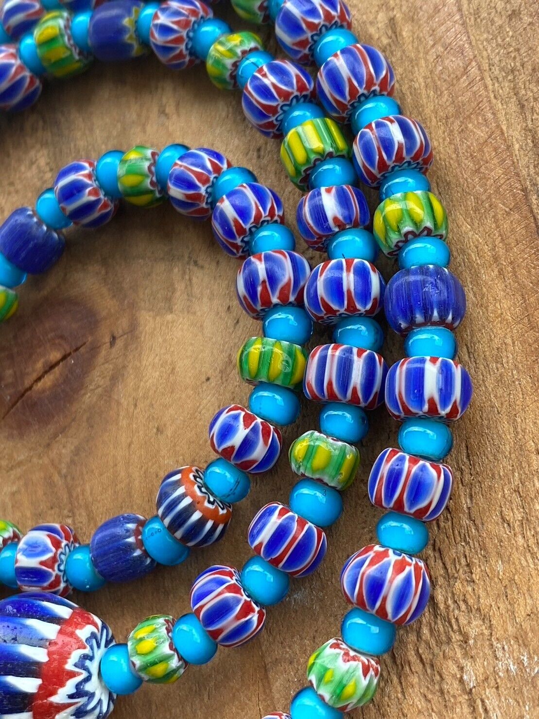 Vintage Chevrons & White Heart Venetian Multilayers Glass Beads Necklace N-206