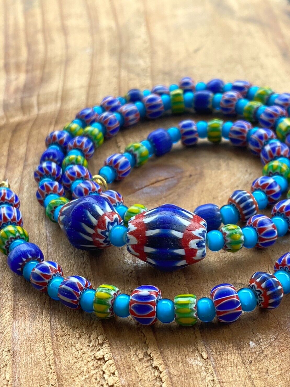 Vintage Chevrons & White Heart Venetian Multilayers Glass Beads Necklace N-206