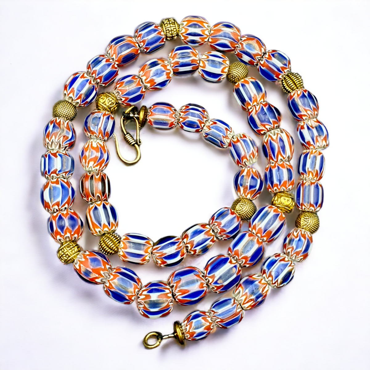 Vintage Venetian Style Beads Old Blue Glass Chevron Beads Long Strand Necklace