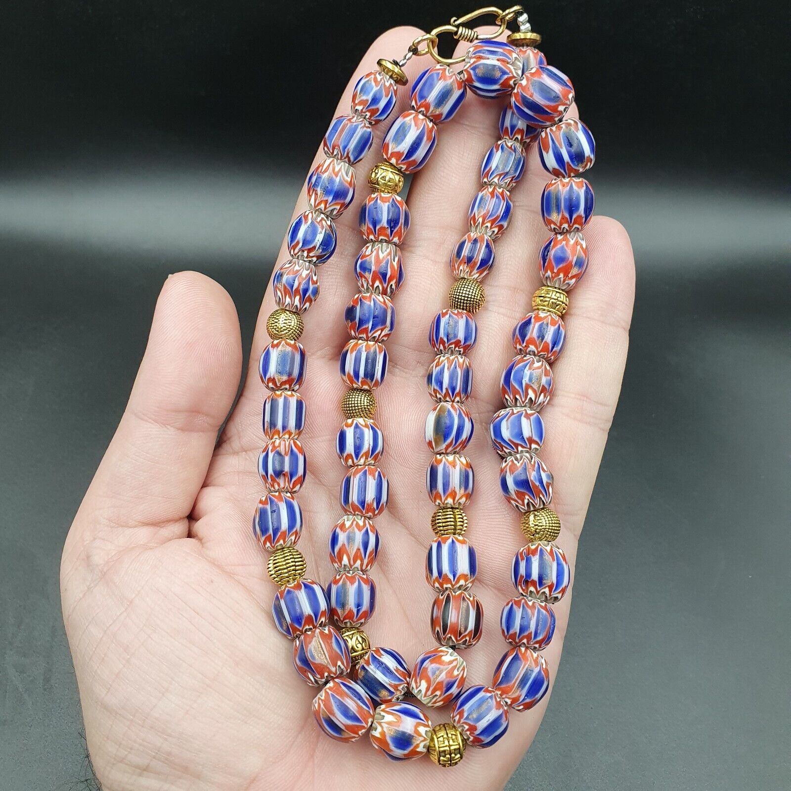 Vintage Venetian Style beads Old Blue Glass Chevron Beads Long Strand Necklace