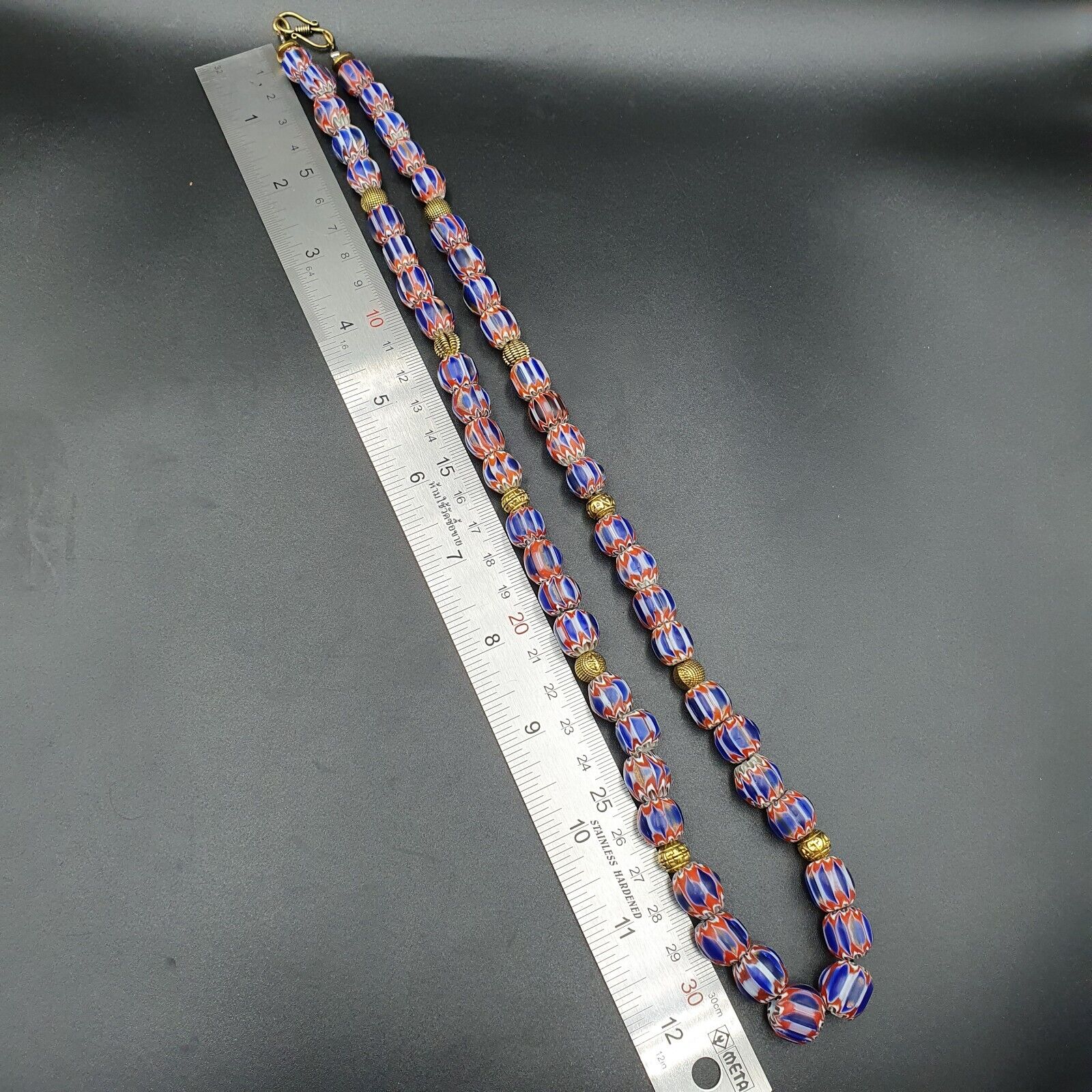 Vintage Venetian Style beads Old Blue Glass Chevron Beads Long Strand Necklace