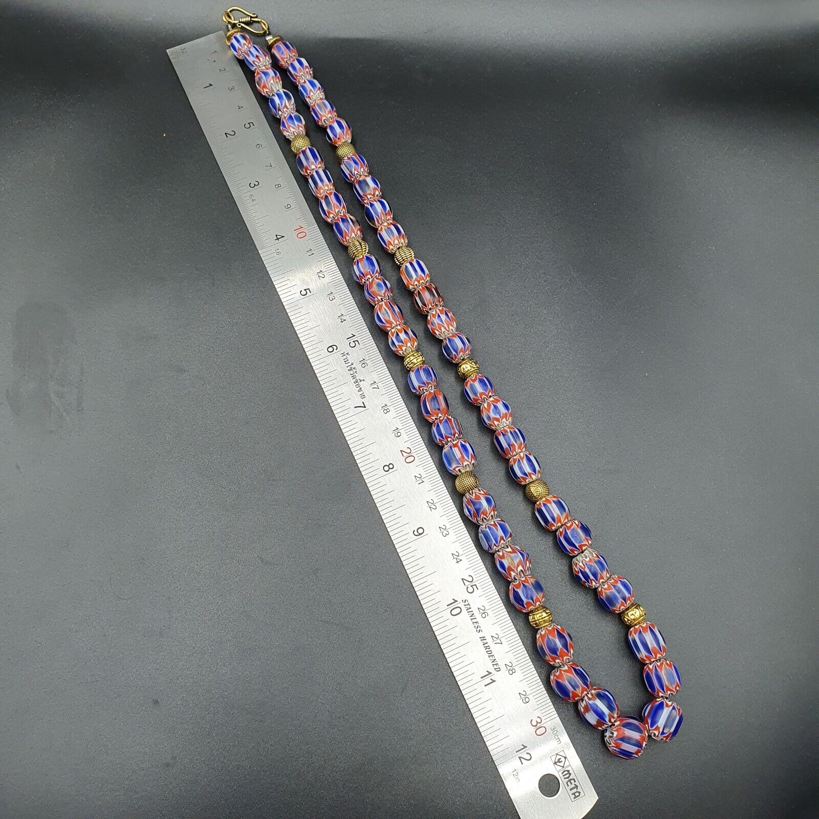 Vintage Venetian Style beads Old Blue Glass Chevron Beads Long Strand Necklace