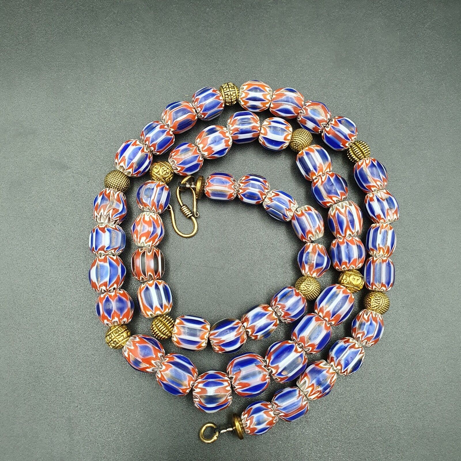 Vintage Venetian Style beads Old Blue Glass Chevron Beads Long Strand Necklace