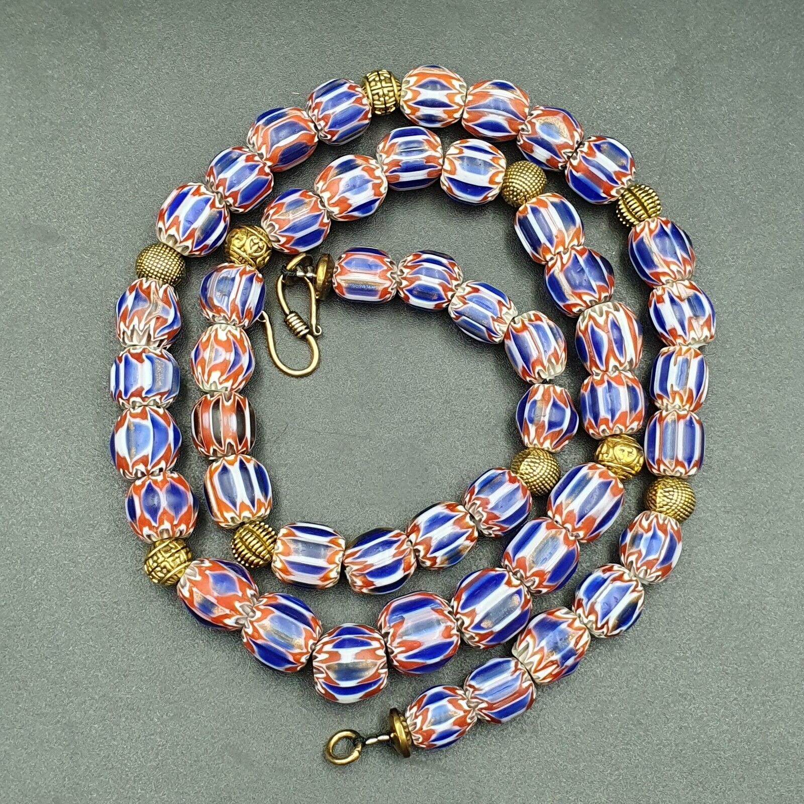 Vintage Venetian Style beads Old Blue Glass Chevron Beads Long Strand Necklace