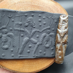 Antique Ancient Indo Tibetan Carving Agate Eye stone Bead Bird & hunter Amulet