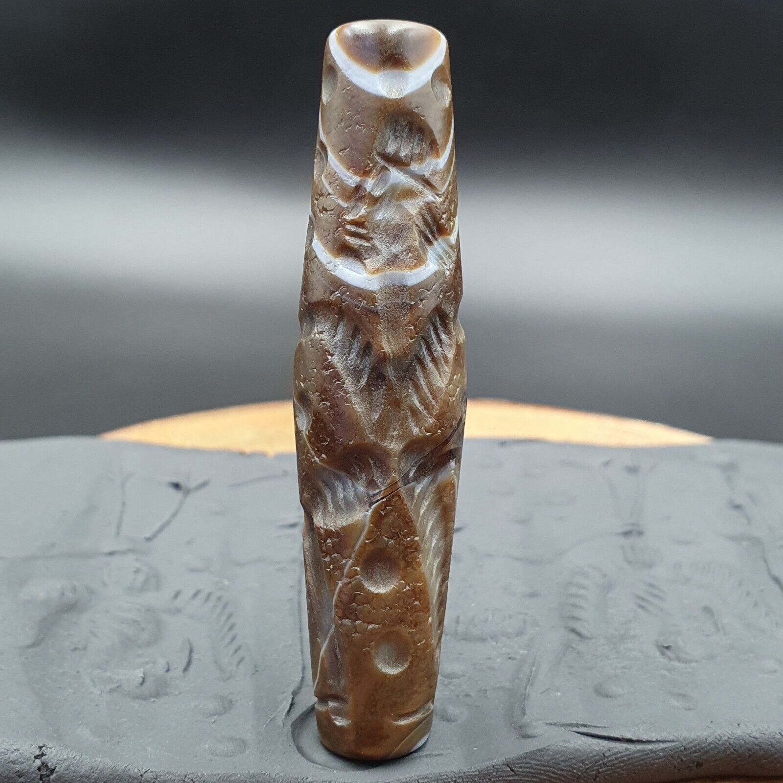 Antique Ancient Indo Tibetan Carving Agate Eye stone Bead Bird & hunter Amulet