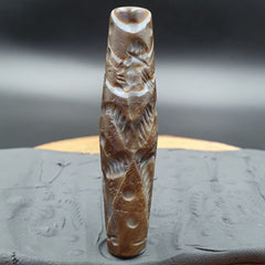 Antique Ancient Indo Tibetan Carving Agate Eye stone Bead Bird & hunter Amulet