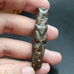 Antique Ancient Indo Tibetan Carving Agate Eye stone Bead Bird & hunter Amulet