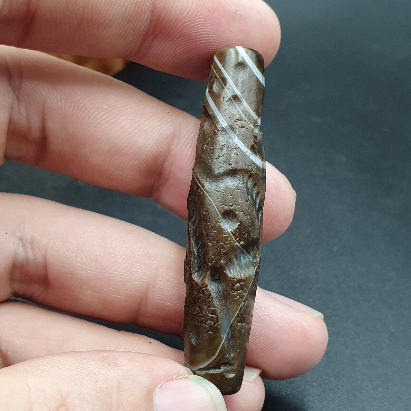 Antique Ancient Indo Tibetan Carving Agate Eye stone Bead Bird & hunter Amulet