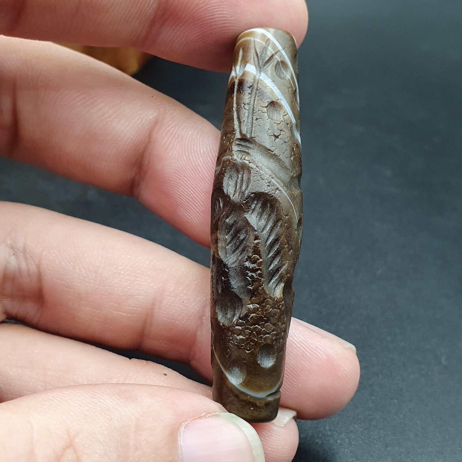 Antique Ancient Indo Tibetan Carving Agate Eye stone Bead Bird & hunter Amulet