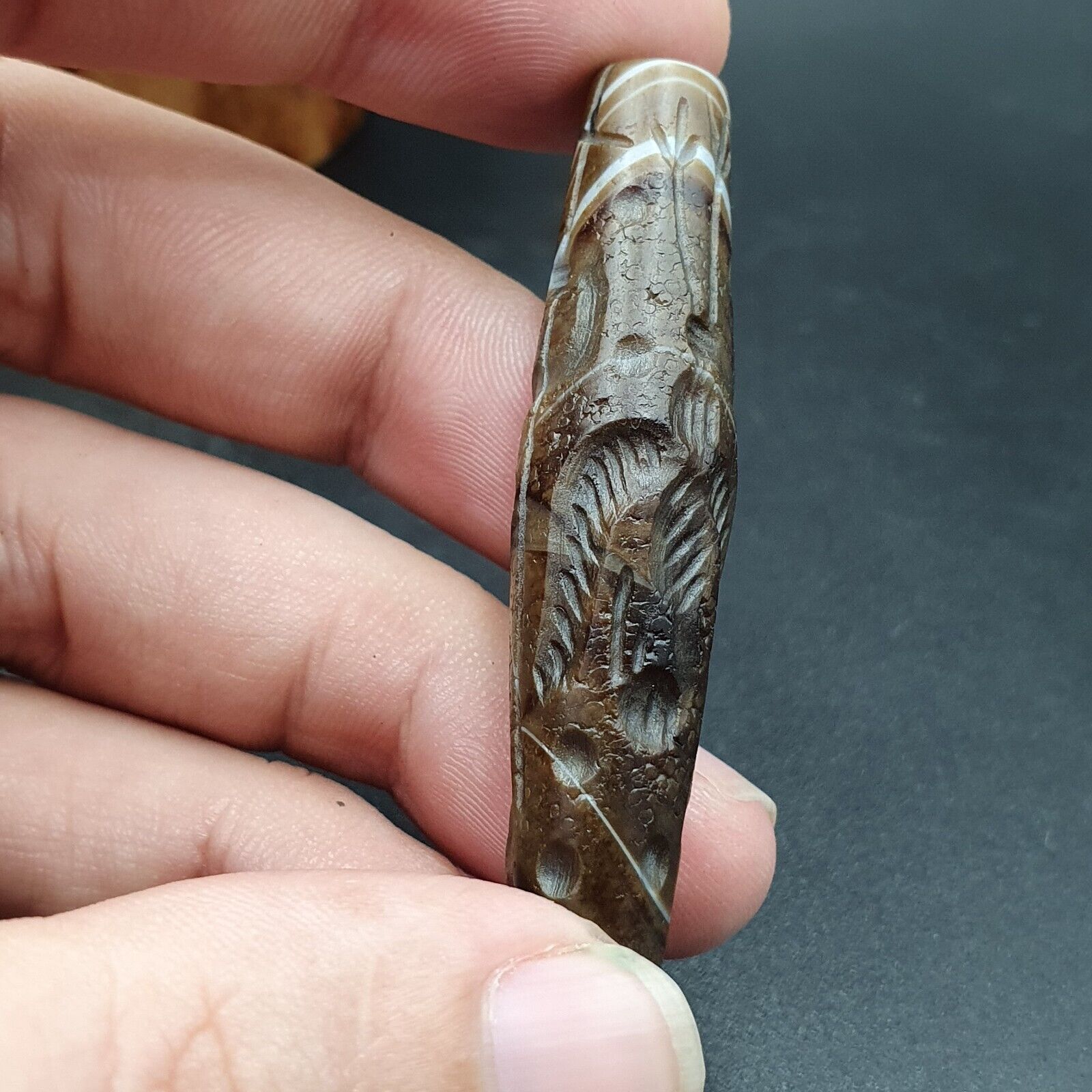 Antique Ancient Indo Tibetan Carving Agate Eye stone Bead Bird & hunter Amulet