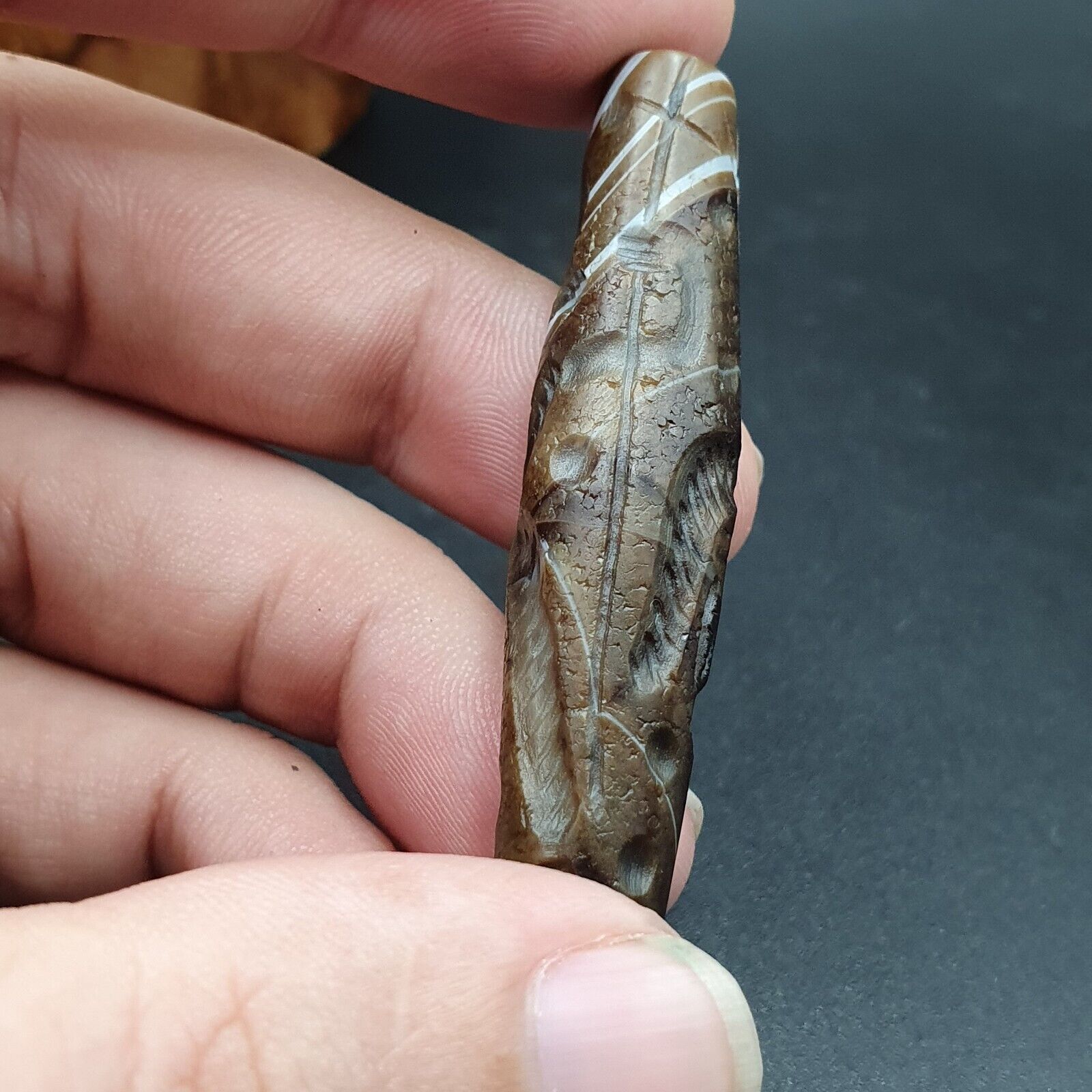 Antique Ancient Indo Tibetan Carving Agate Eye stone Bead Bird & hunter Amulet
