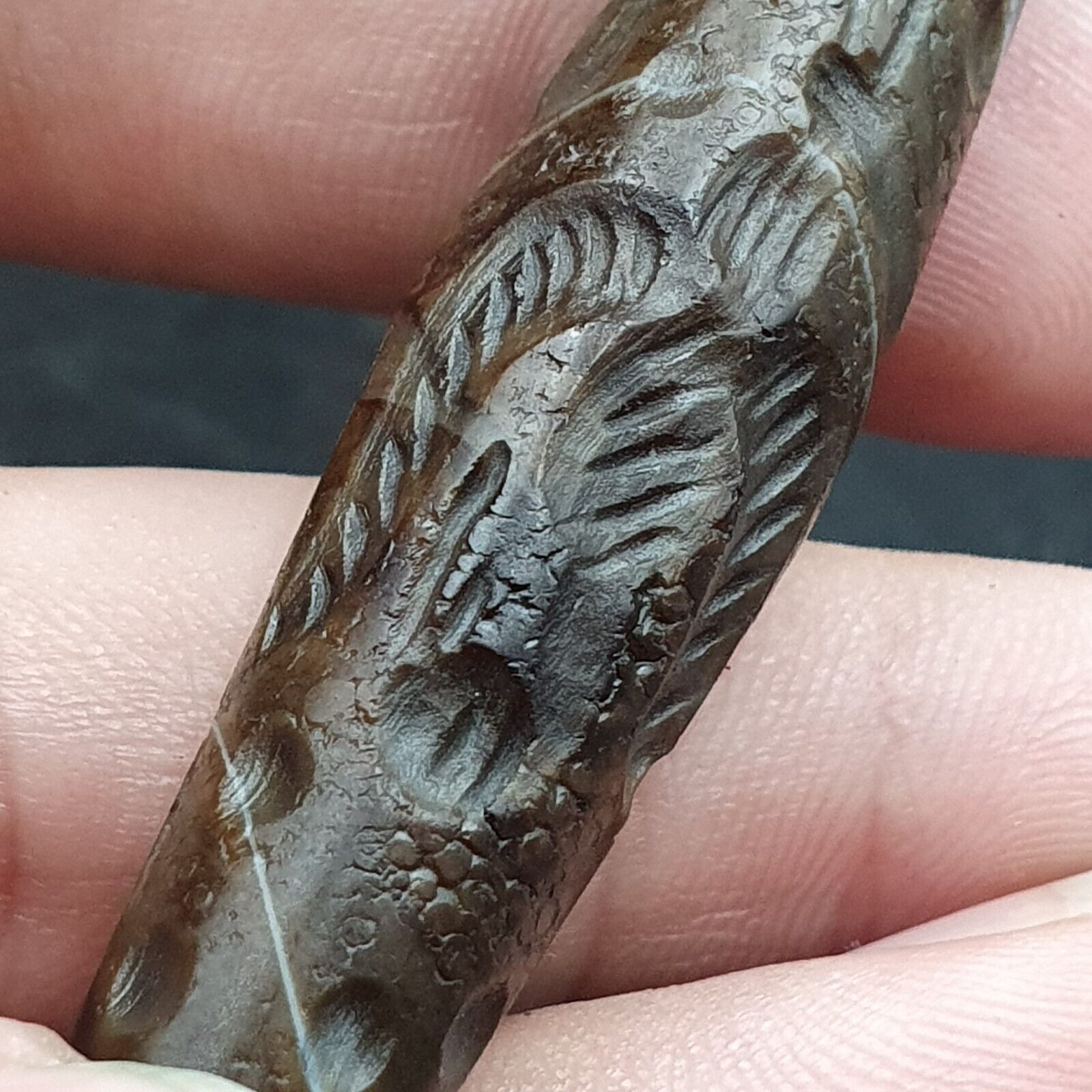 Antique Ancient Indo Tibetan Carving Agate Eye stone Bead Bird & hunter Amulet