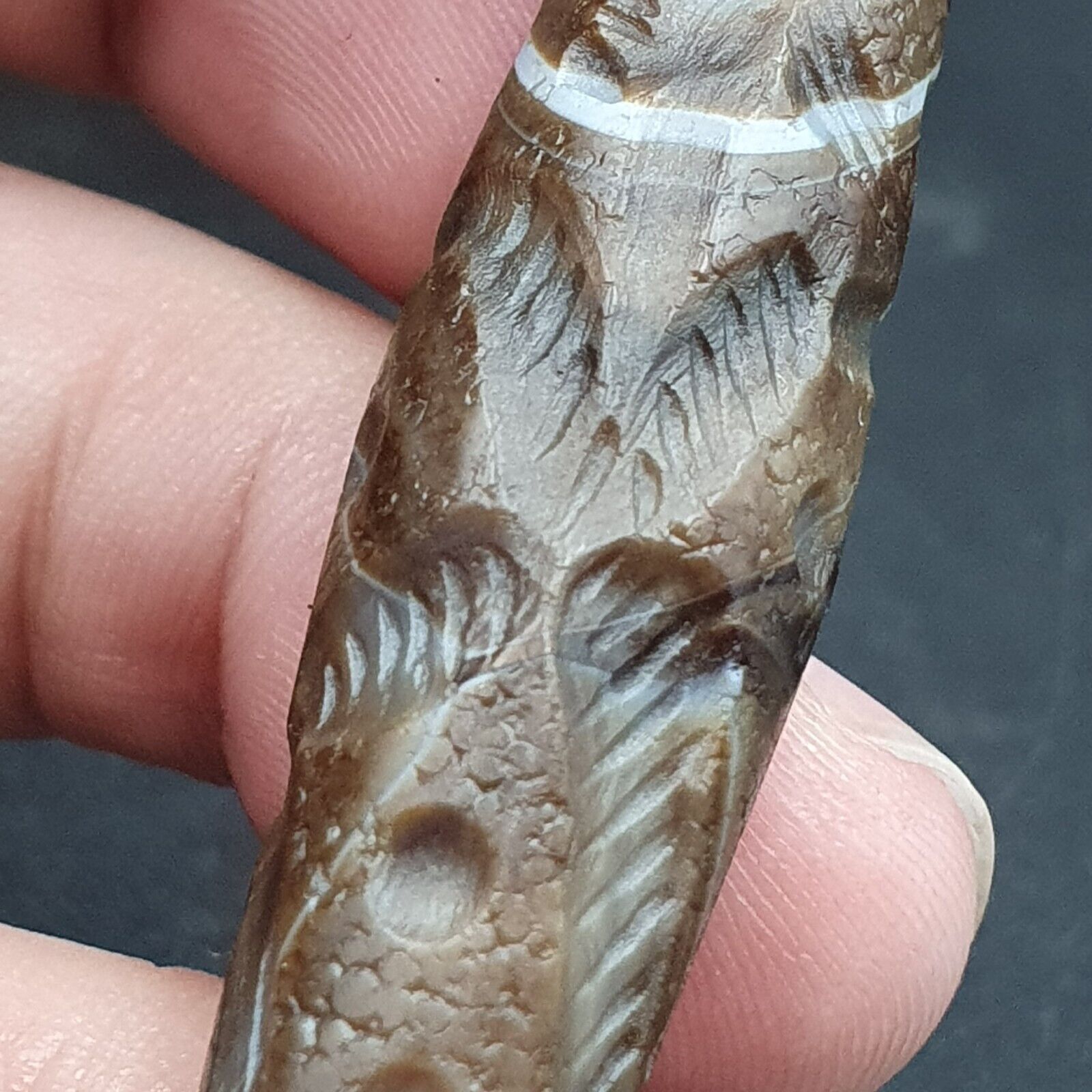 Antique Ancient Indo Tibetan Carving Agate Eye stone Bead Bird & hunter Amulet