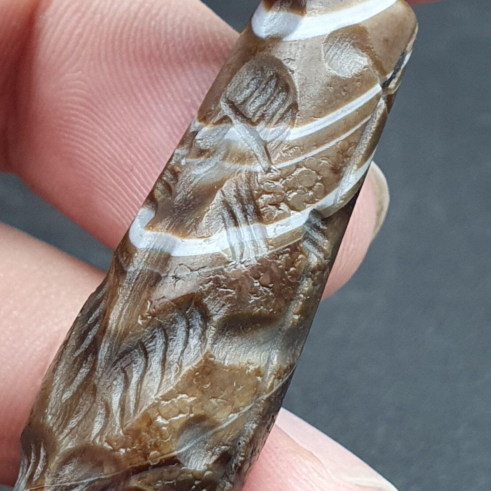 Antique Ancient Indo Tibetan Carving Agate Eye stone Bead Bird & hunter Amulet