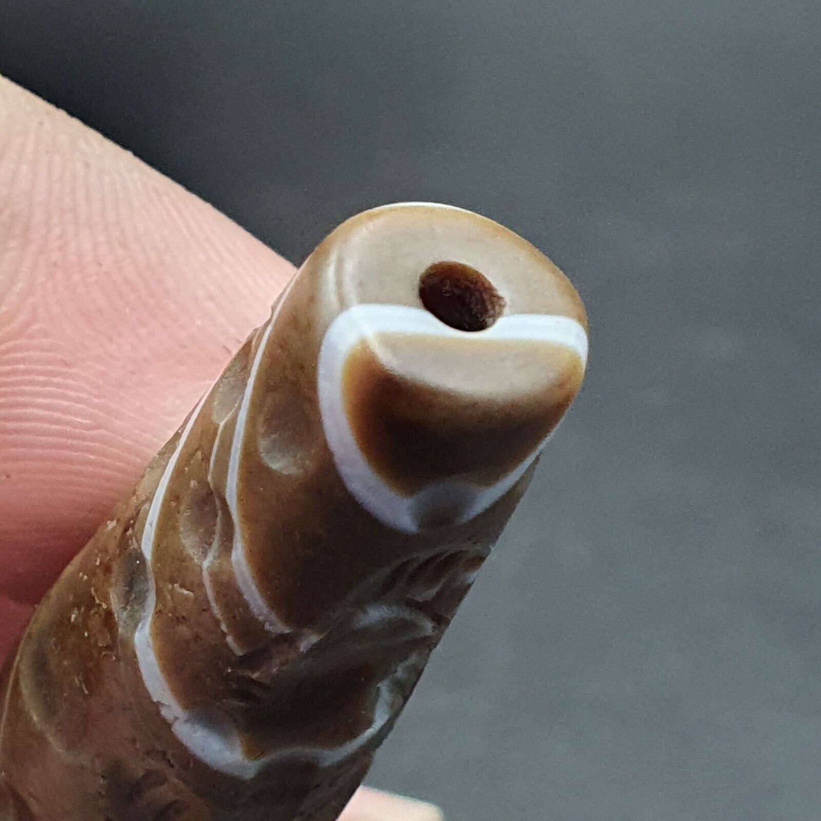 Antique Ancient Indo Tibetan Carving Agate Eye stone Bead Bird & hunter Amulet