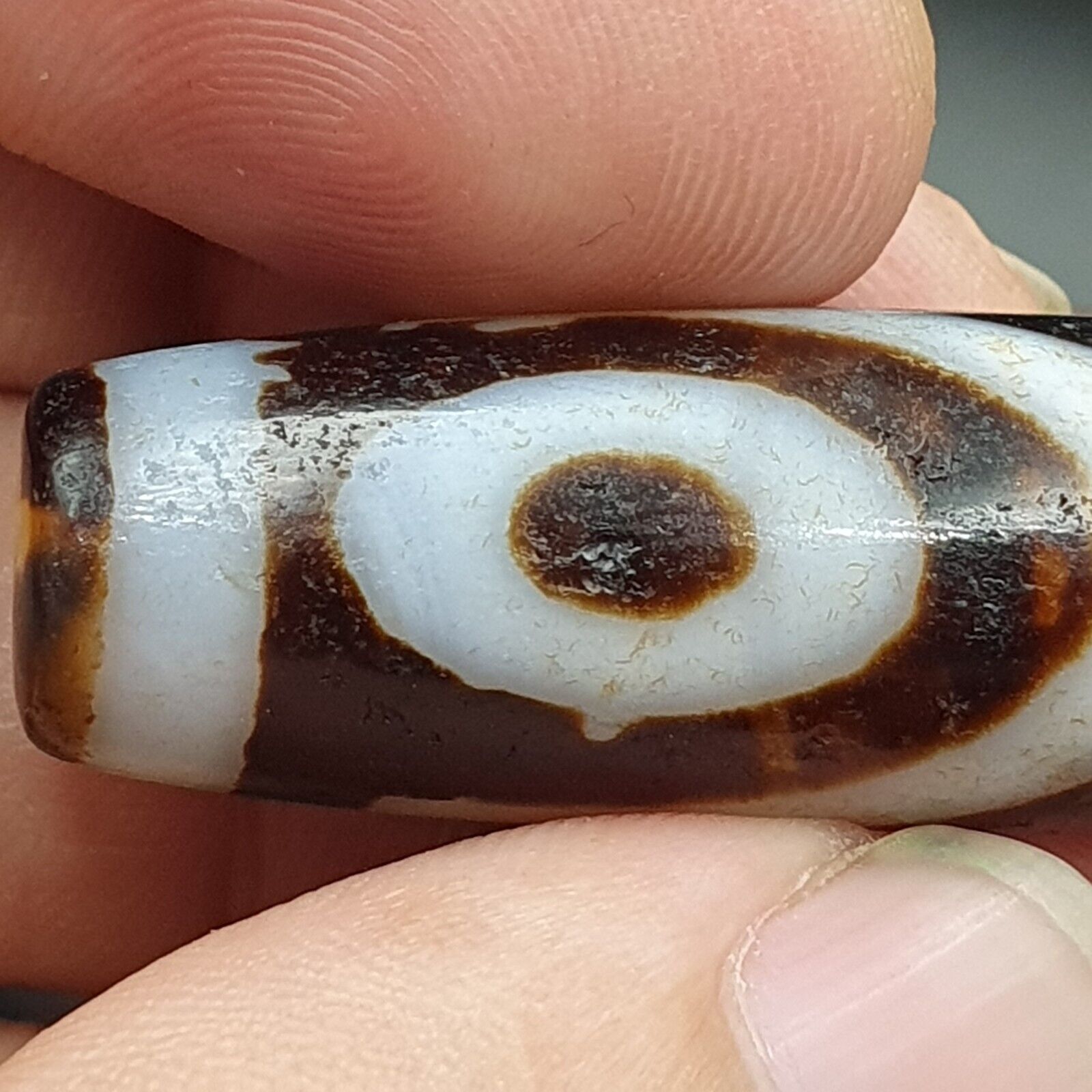 Vintage Old Indo Tibetan RED AND WHITE Agate 2 Eye stone Bead Amulet