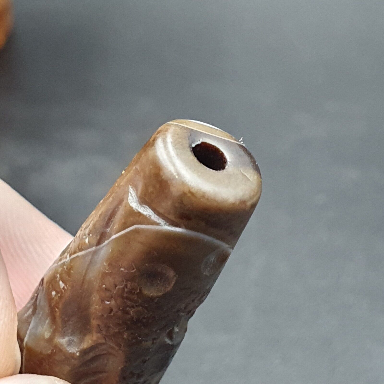 Antique Ancient Indo Tibetan Carving Agate Eye stone Bead Bird & hunter Amulet