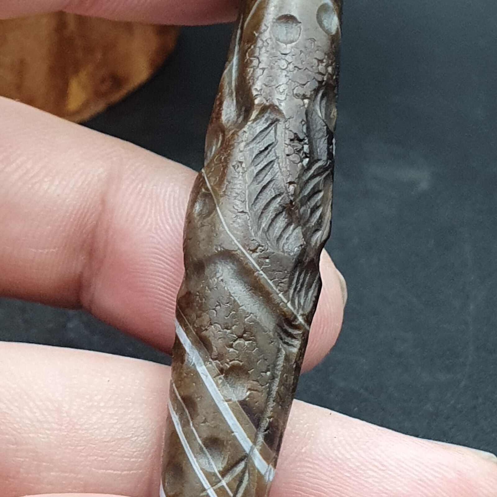 Antique Ancient Indo Tibetan Carving Agate Eye stone Bead Bird & hunter Amulet