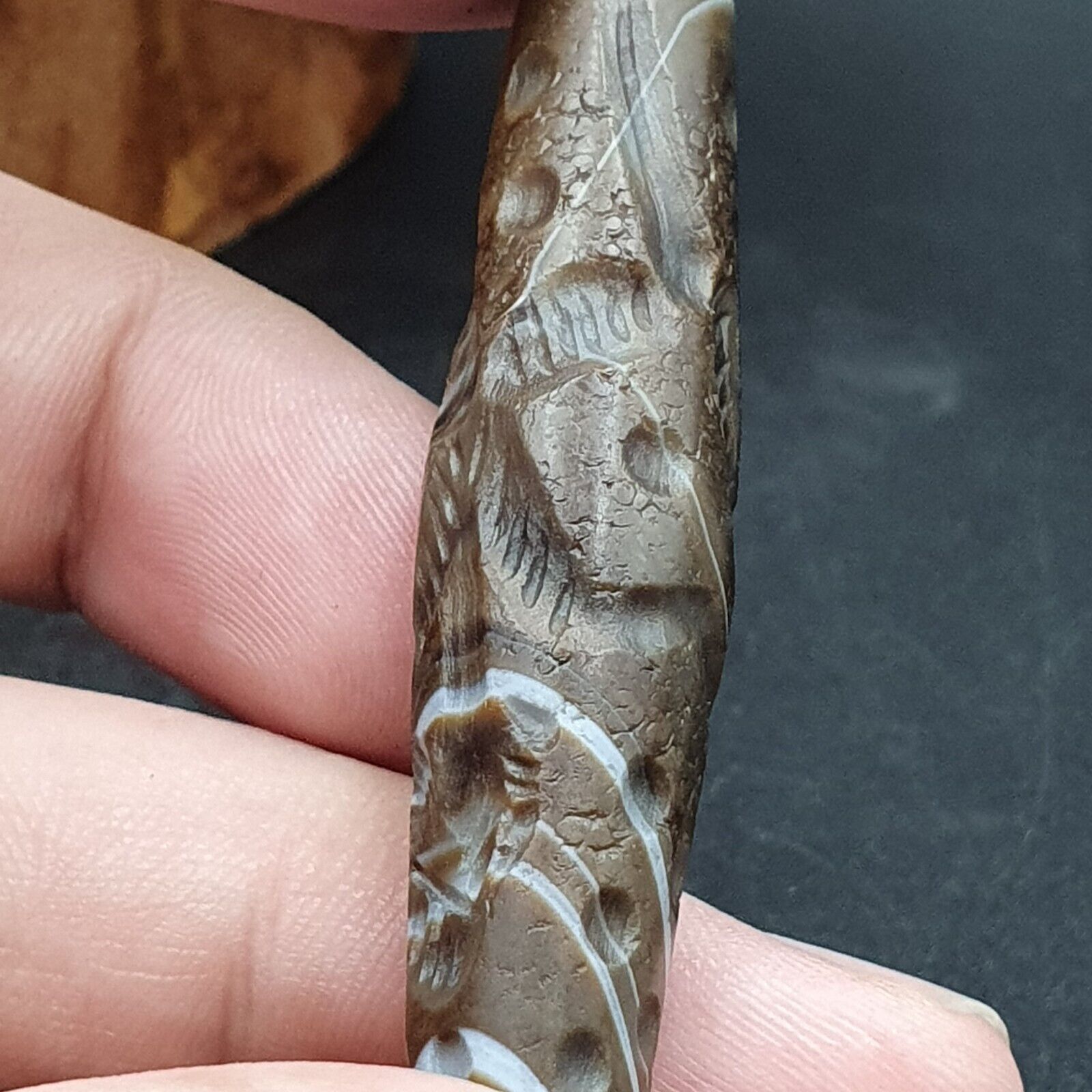 Antique Ancient Indo Tibetan Carving Agate Eye stone Bead Bird & hunter Amulet
