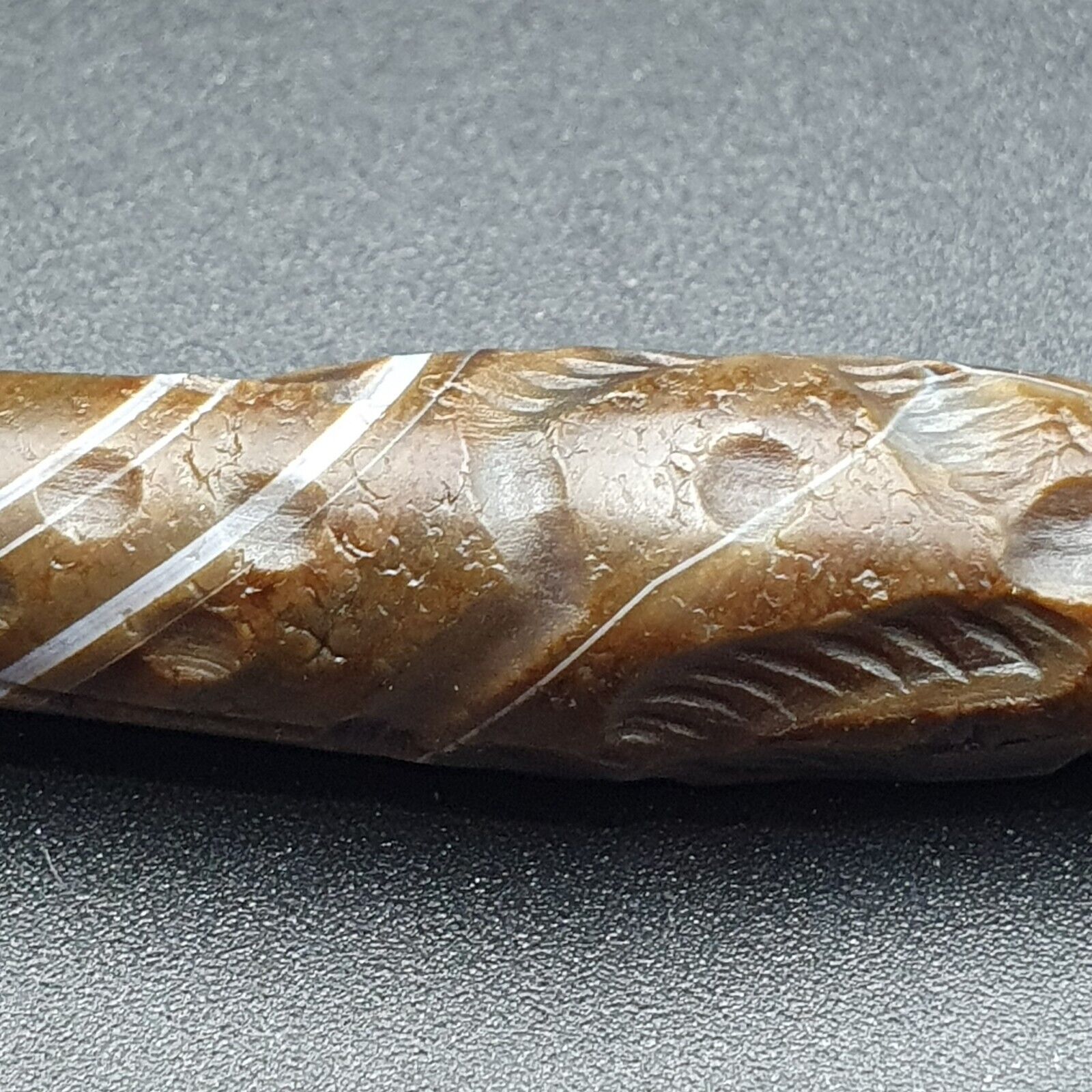 Antique Ancient Indo Tibetan Carving Agate Eye stone Bead Bird & hunter Amulet