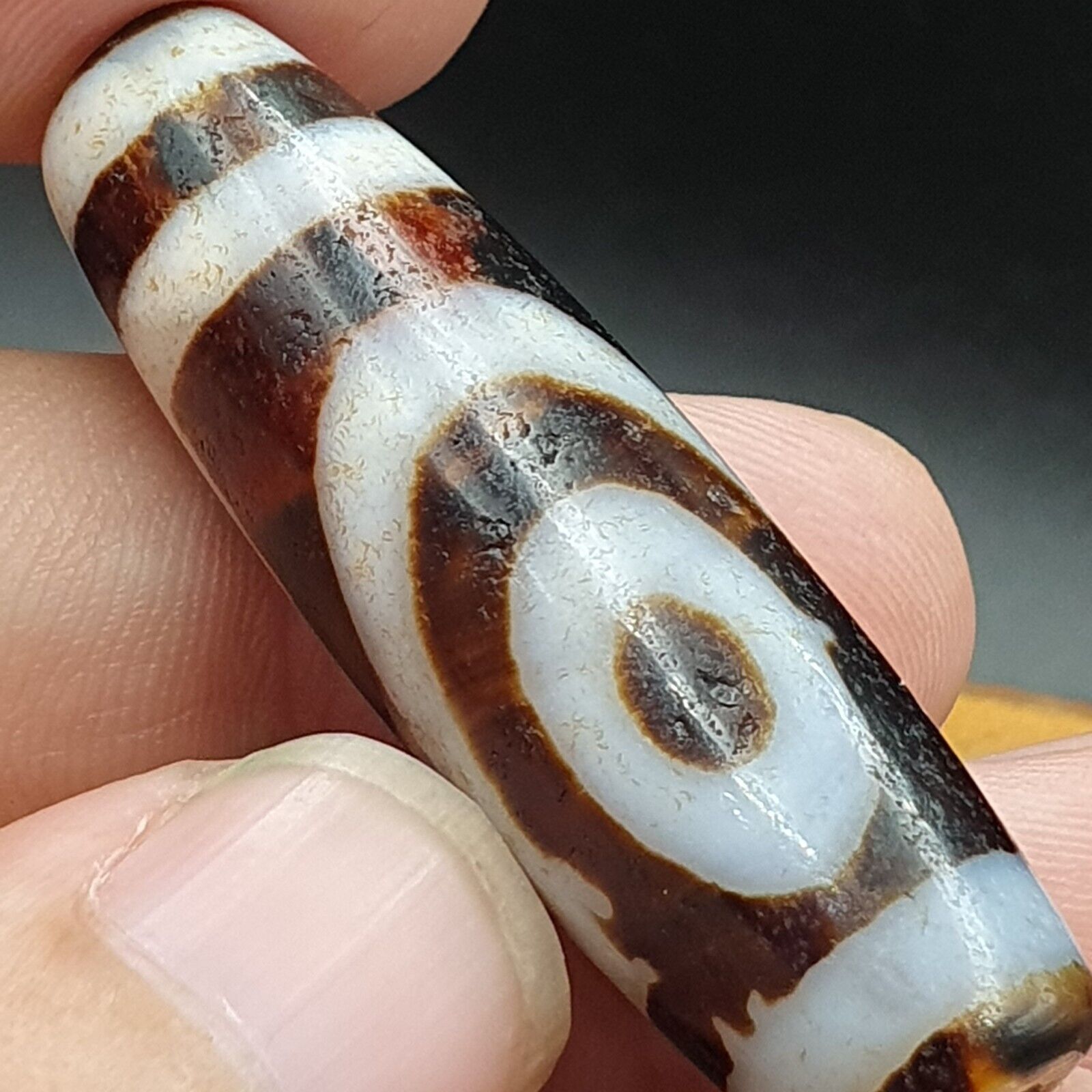 Vintage Old Indo Tibetan RED AND WHITE Agate 2 Eye stone Bead Amulet
