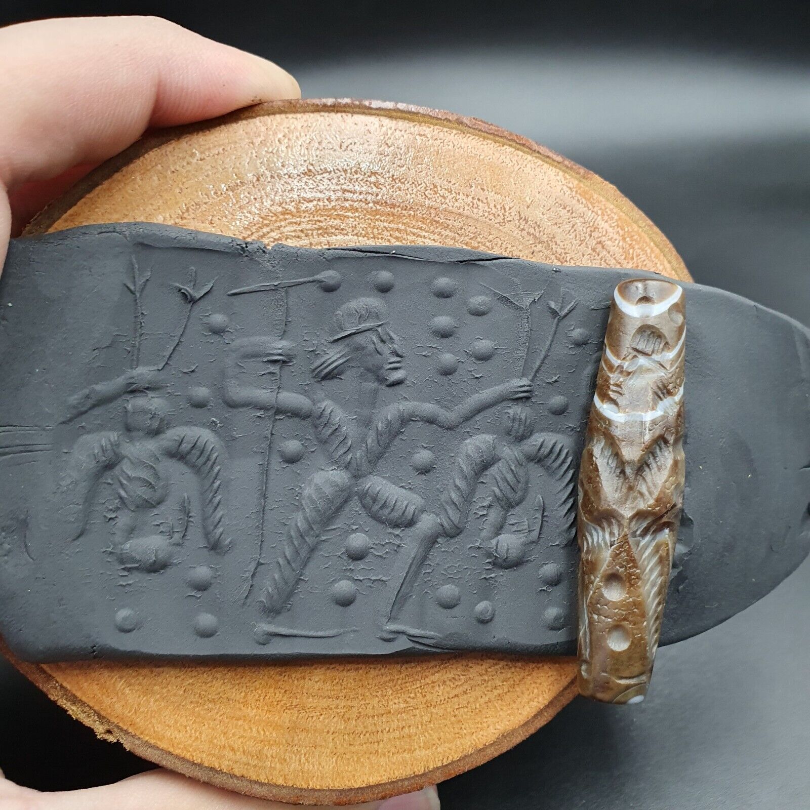 Antique Ancient Indo Tibetan Carving Agate Eye stone Bead Bird & hunter Amulet