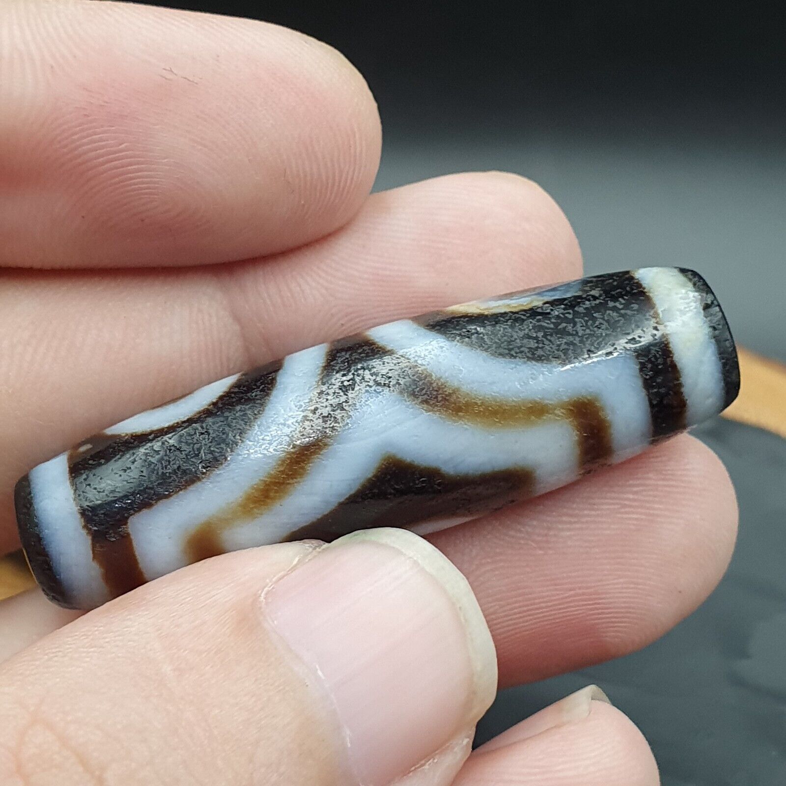 Protective Bead Amulet Vintage Old Indo Tibetan BLACK AND WHITE Agate pure 3 Eye