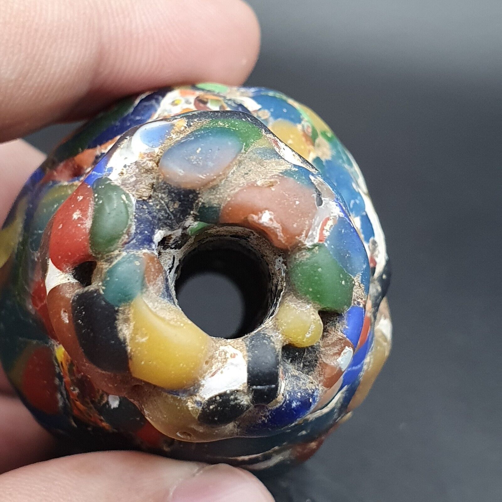 Large Ancient Mosaic Glass Gabri Bead with Decorative Motifs 65mm