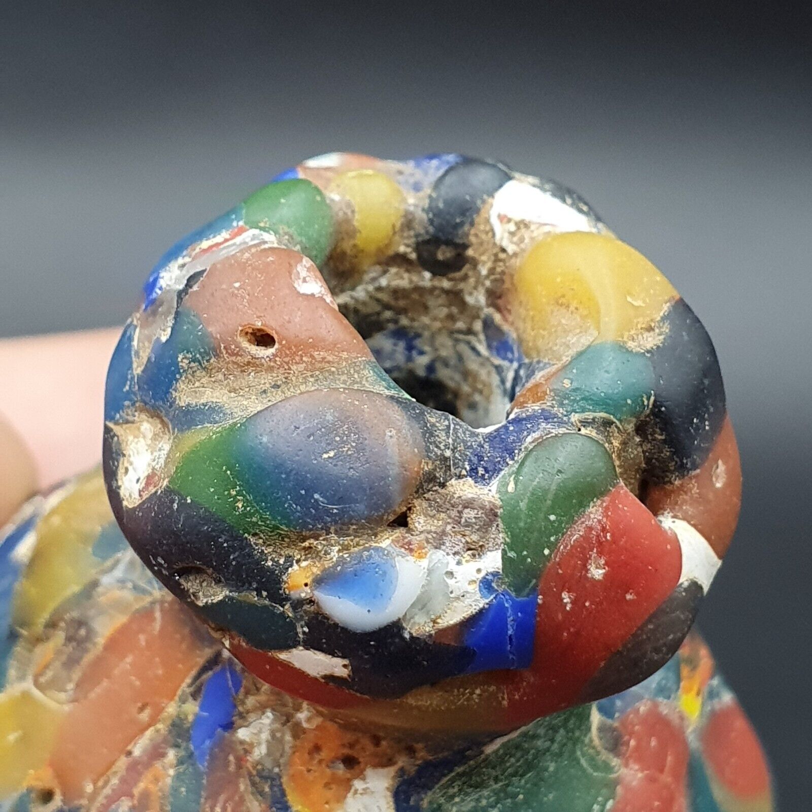Large Ancient Mosaic Glass Gabri Bead with Decorative Motifs 65mm