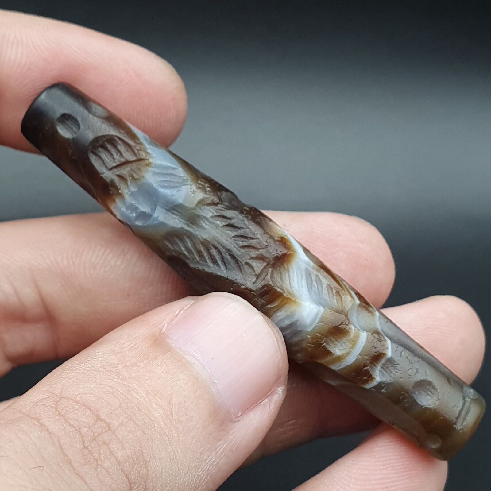 Hunting Hunt Antique Ancient Indo Tibetan Carving Agate Eyes stone Bead Amulet