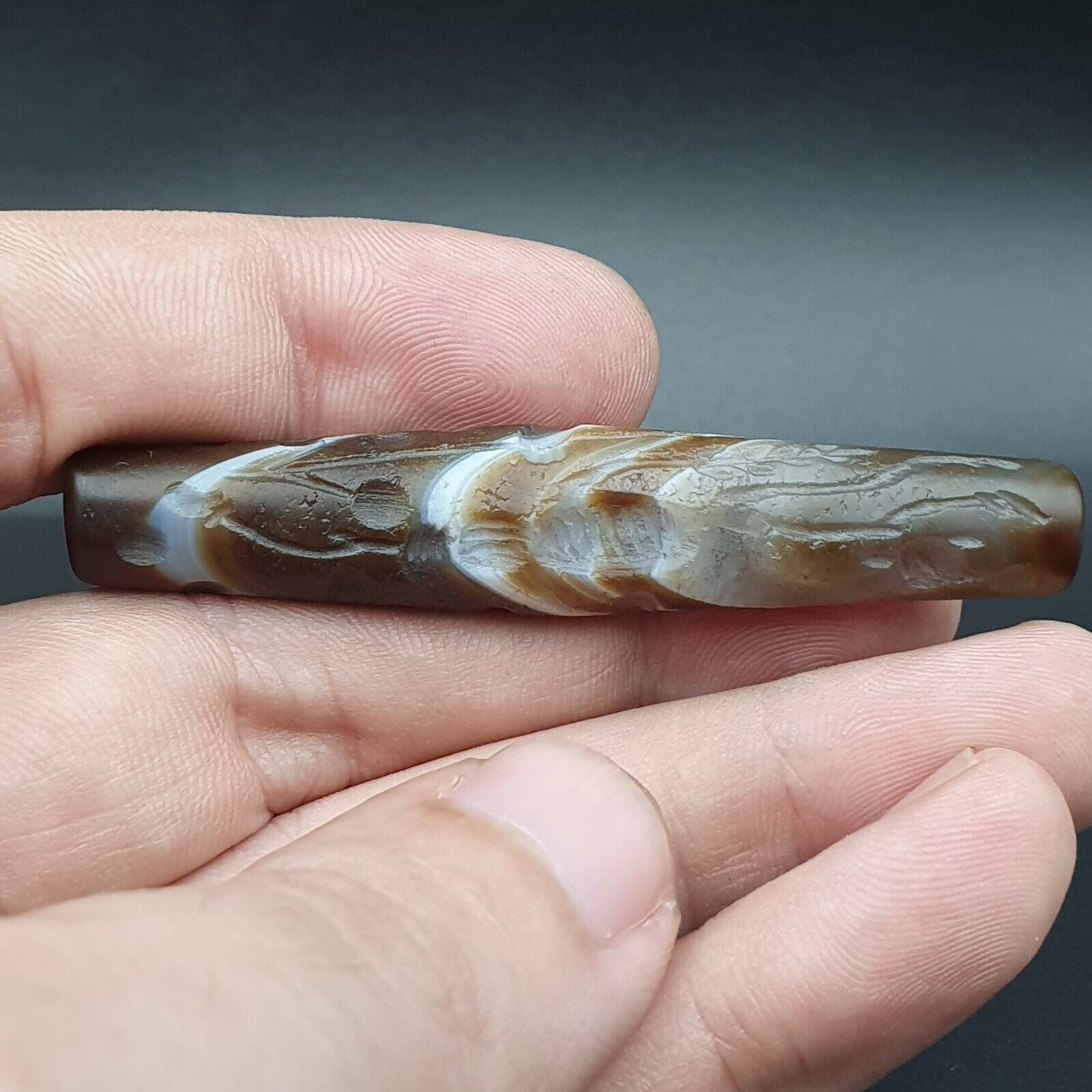 Hunting Hunt Antique Ancient Indo Tibetan Carving Agate Eyes stone Bead Amulet