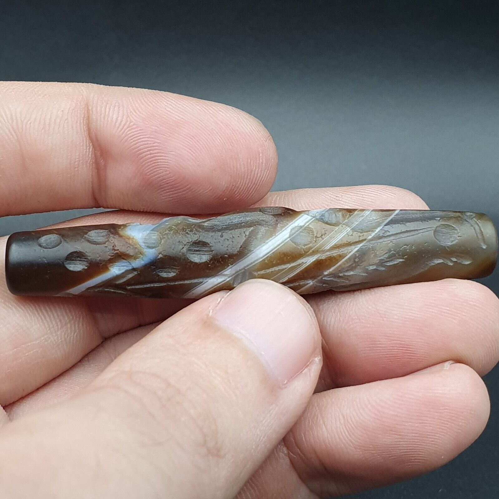 Hunting Hunt Antique Ancient Indo Tibetan Carving Agate Eyes stone Bead Amulet