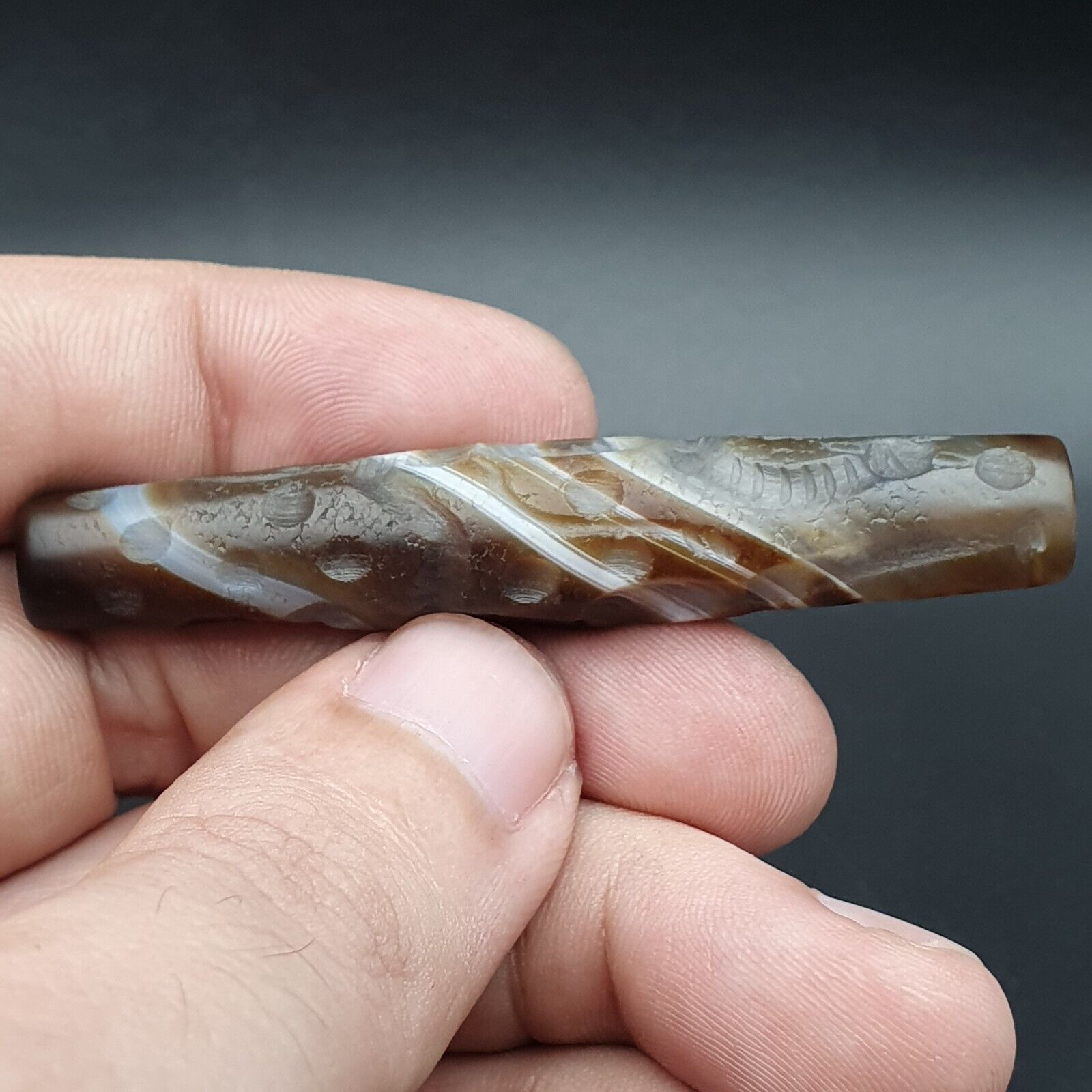 Hunting Hunt Antique Ancient Indo Tibetan Carving Agate Eyes stone Bead Amulet