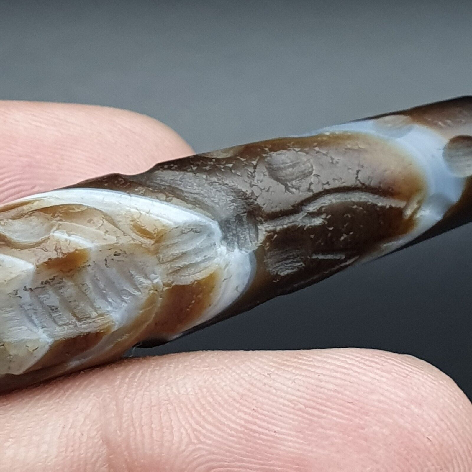 Hunting Hunt Antique Ancient Indo Tibetan Carving Agate Eyes stone Bead Amulet