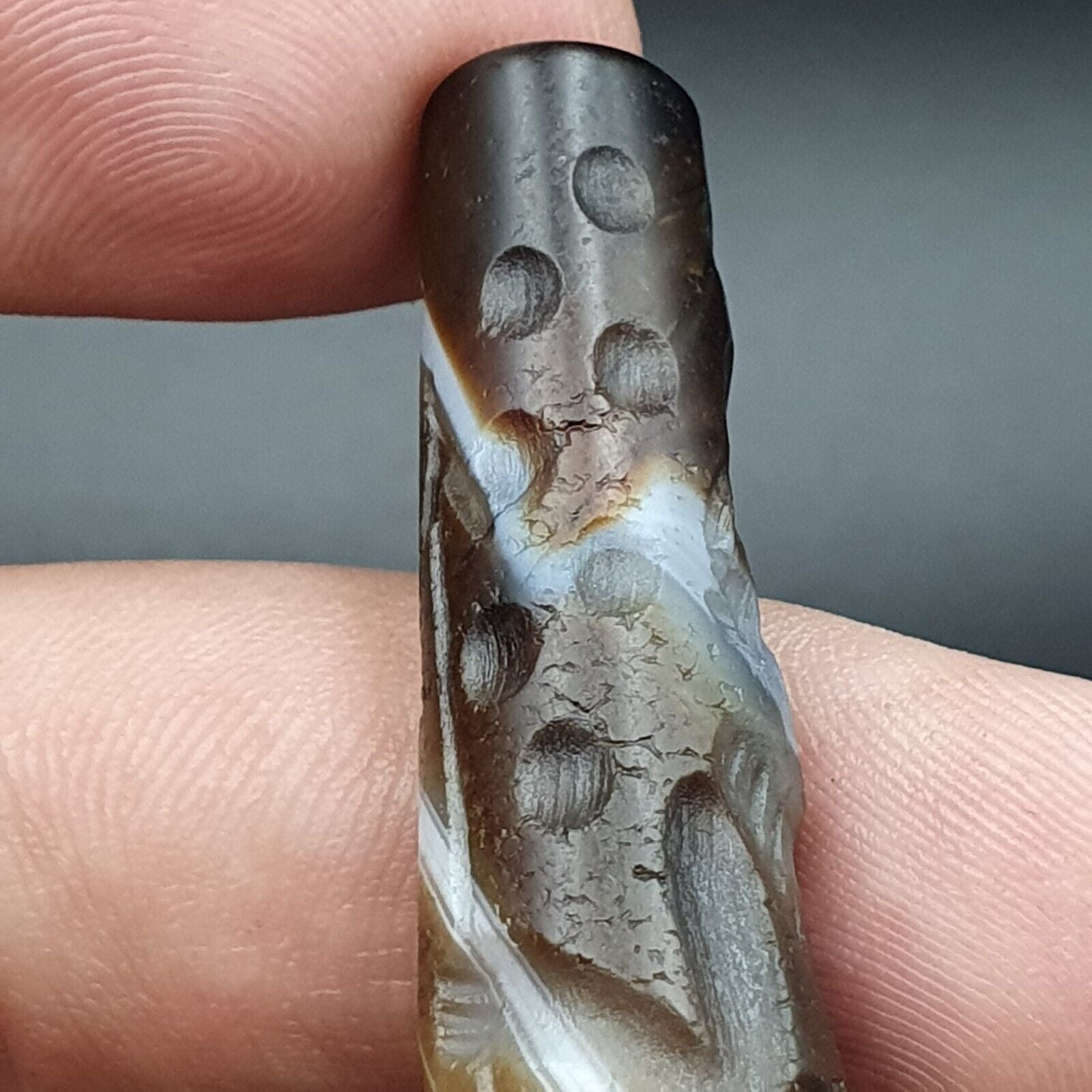 Hunting Hunt Antique Ancient Indo Tibetan Carving Agate Eyes stone Bead Amulet