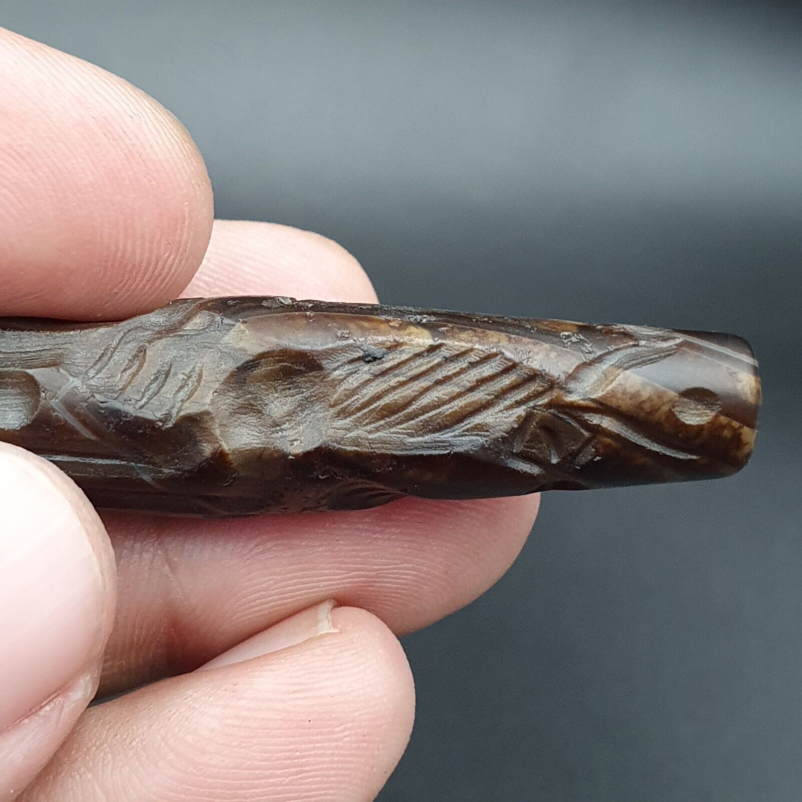 Mystic Horse and Bird Antique Ancient Indo Tibetan Carving Agate Bead Amulet