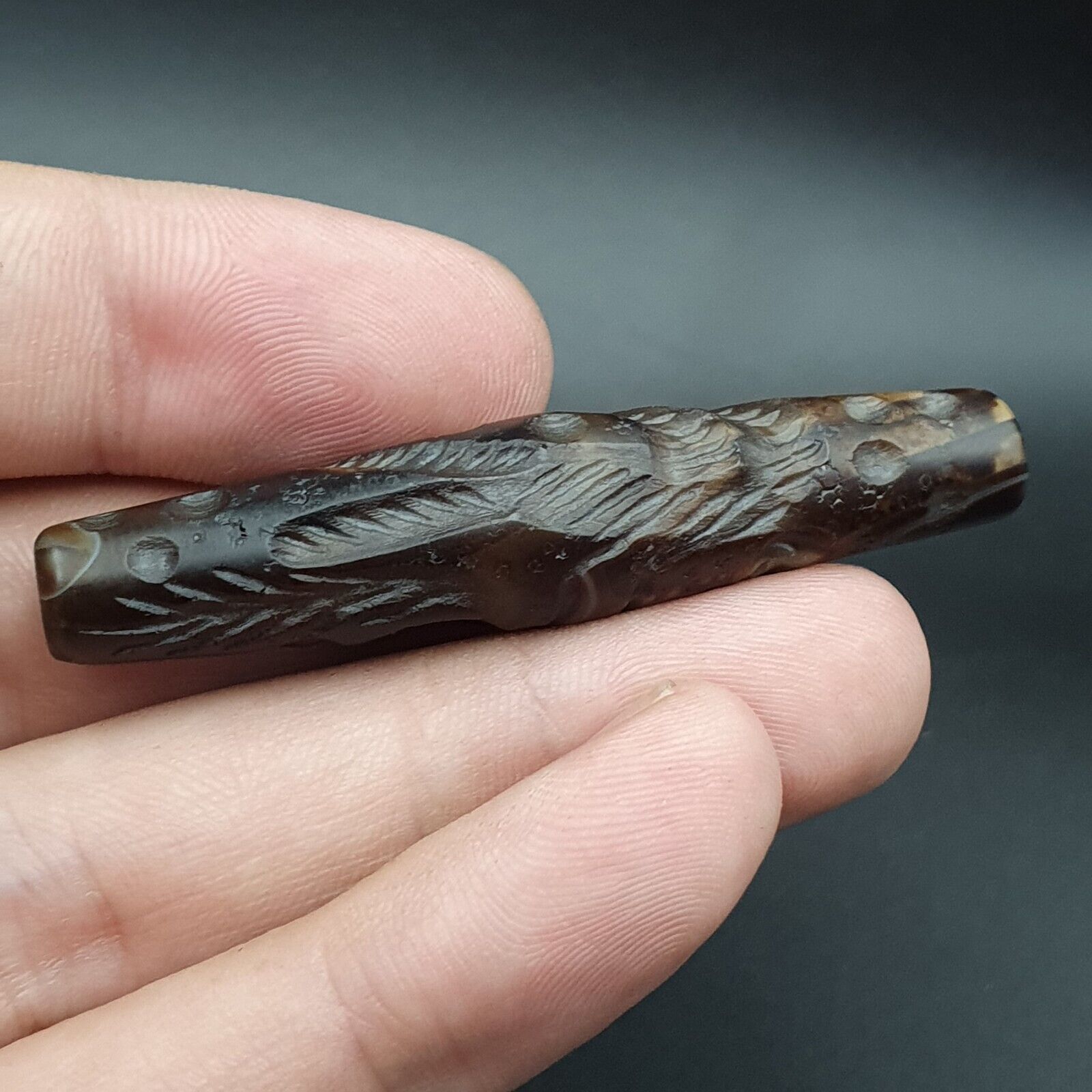 Mystic Horse and Bird Antique Ancient Indo Tibetan Carving Agate Bead Amulet