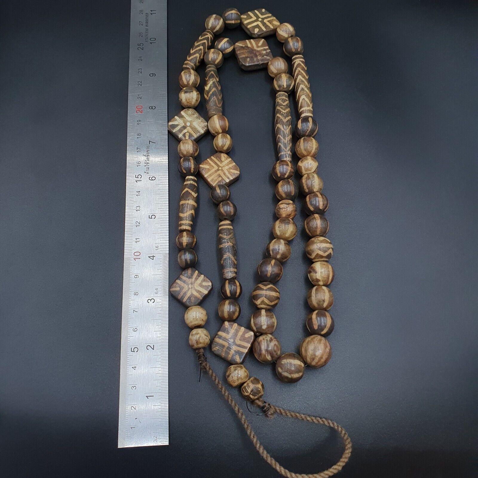 Asian Burmese Old Pumtek petrified Wood Stone beads Strand Long necklace
