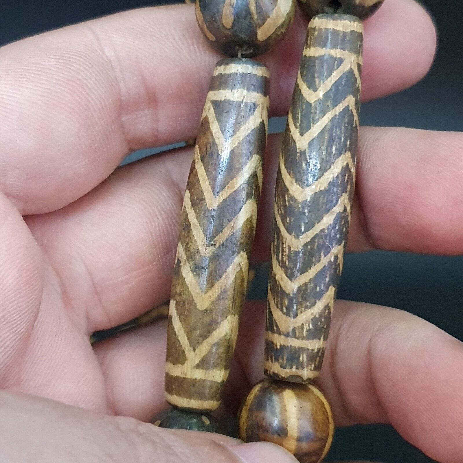Asian Burmese Old Pumtek petrified Wood Stone beads Strand Long necklace