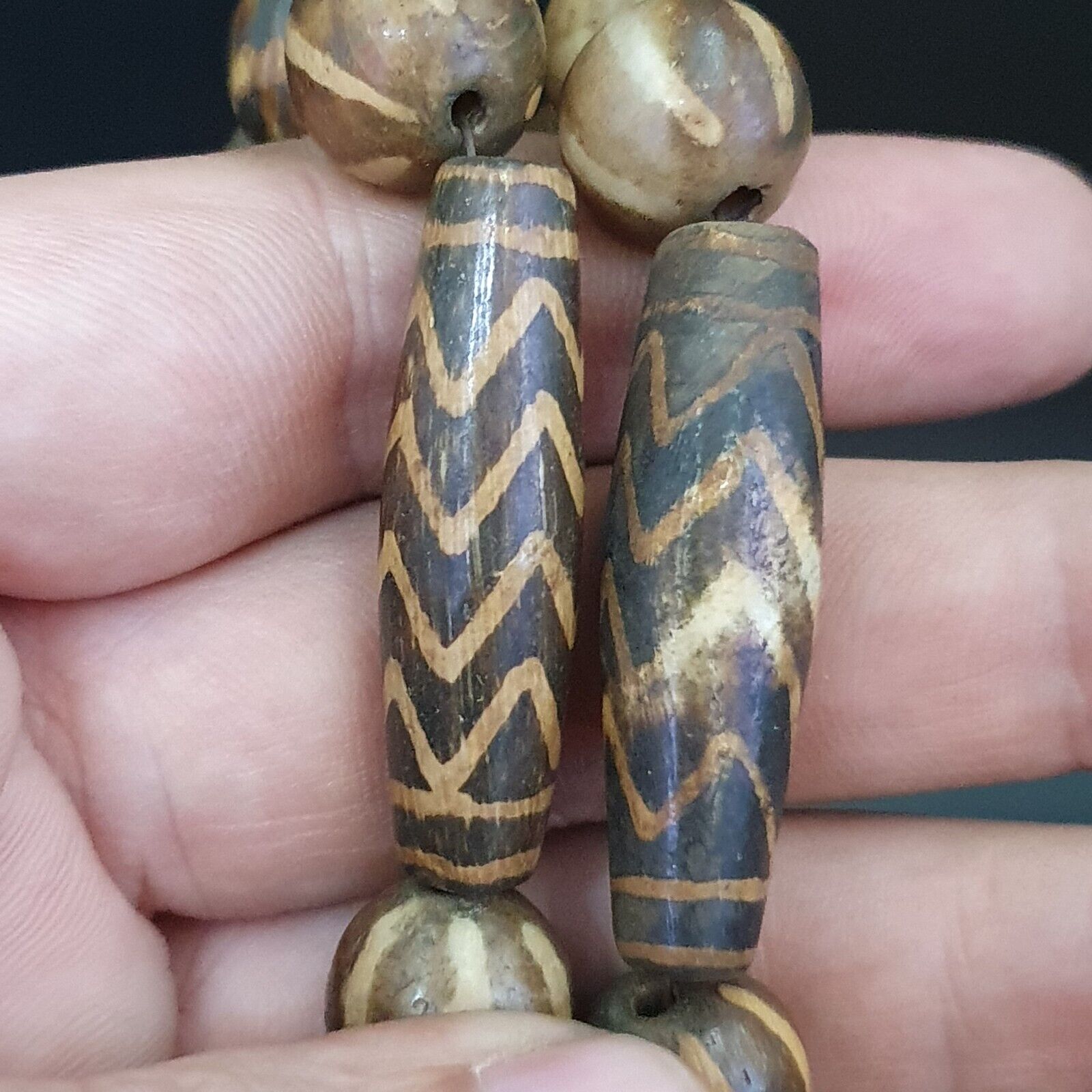 Asian Burmese Old Pumtek petrified Wood Stone beads Strand Long necklace