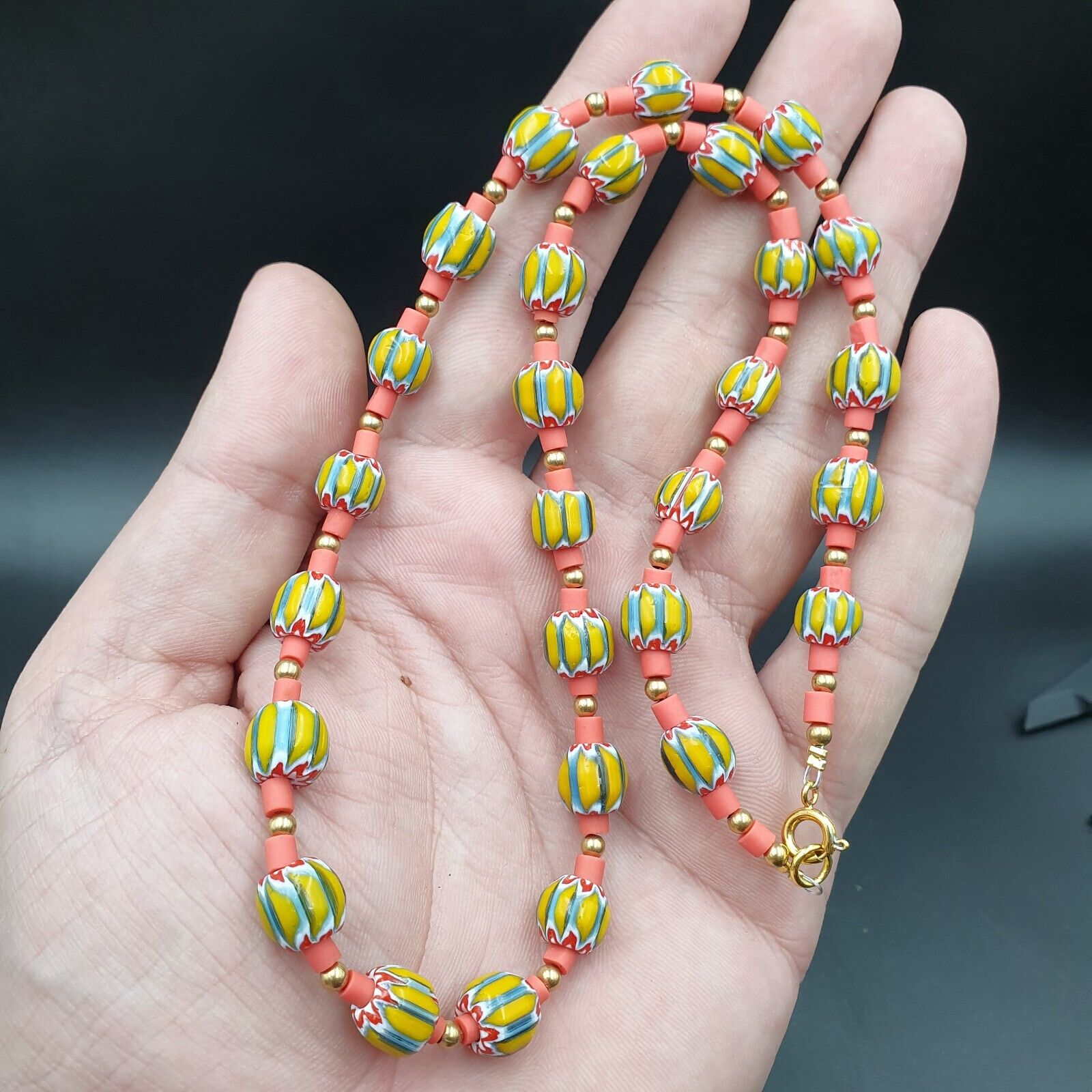 Venetian Style Trade beads yellow Chevron Glass Beads Necklace