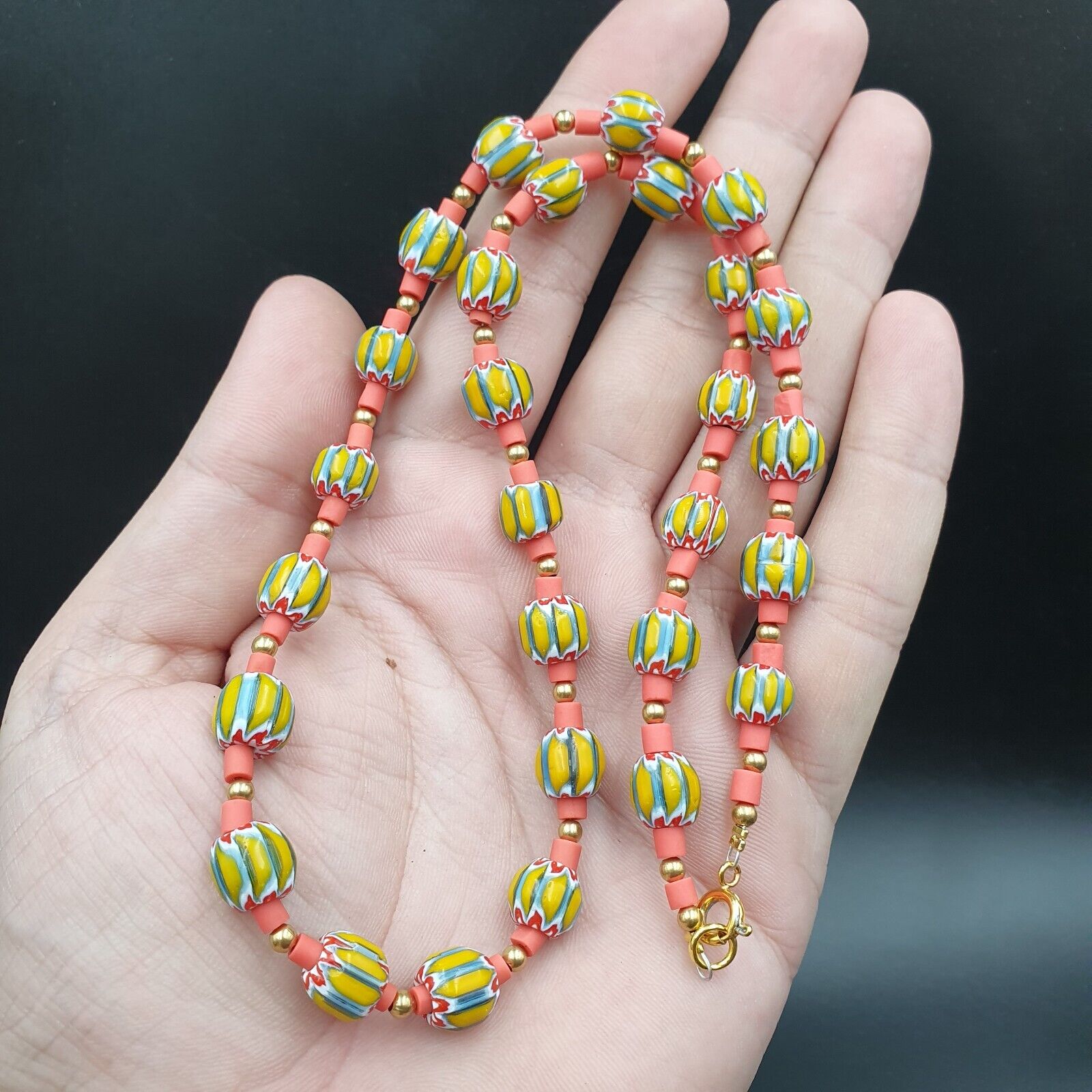Venetian Style Trade beads yellow Chevron Glass Beads Necklace