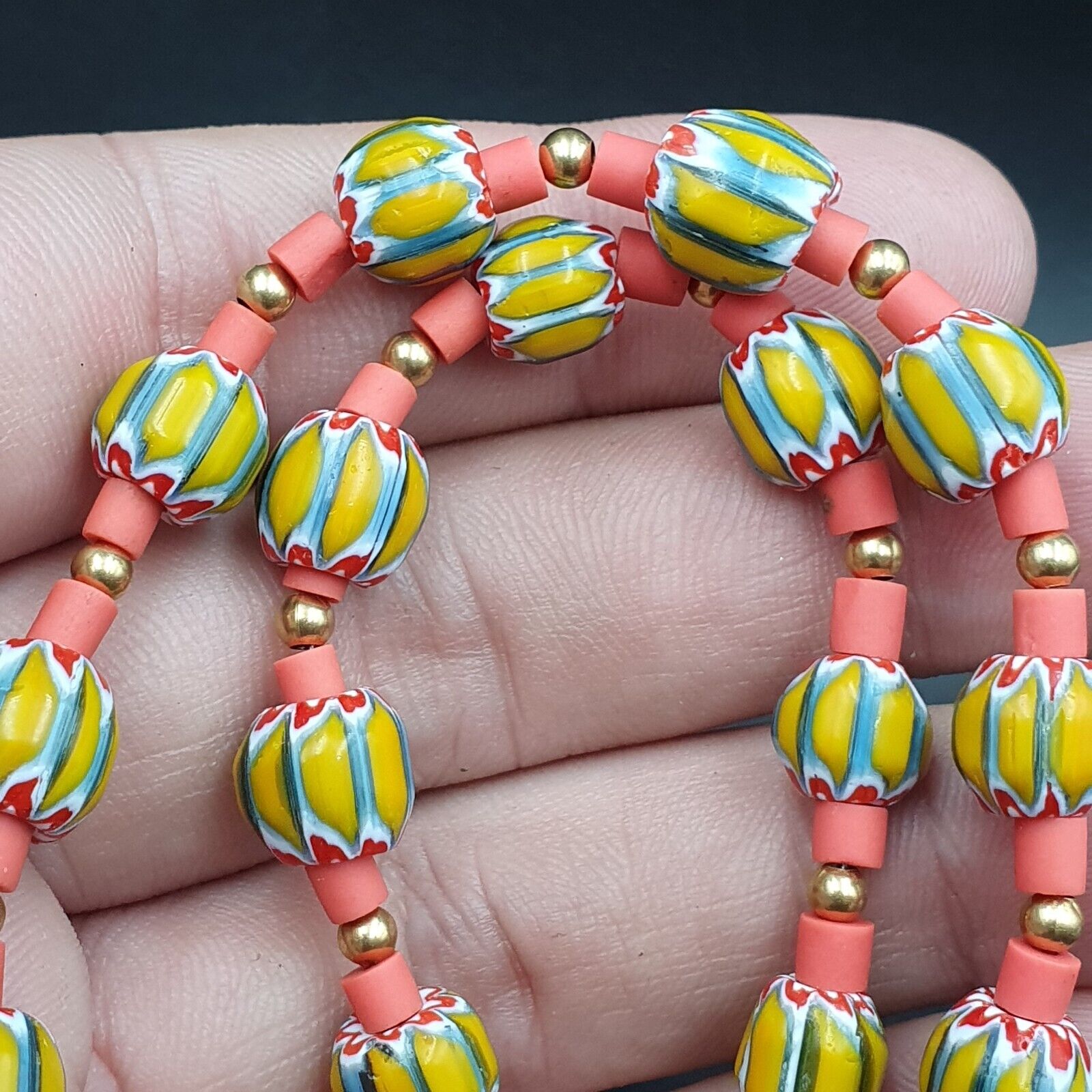 Venetian Style Trade beads yellow Chevron Glass Beads Necklace