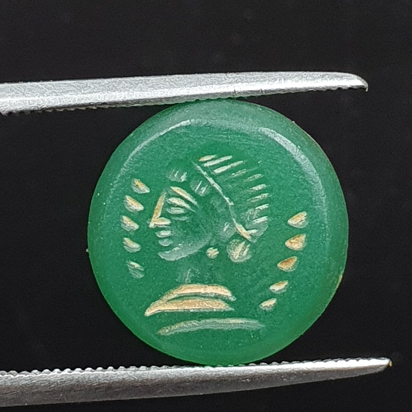 古董綠瑪瑙印章珠“皇后，凹雕郵票戒指凸圓形
