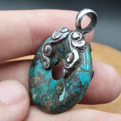VINTAGE Antique Natural Blue Turquois 925 SILVER Donut Shape Pendant Necklace