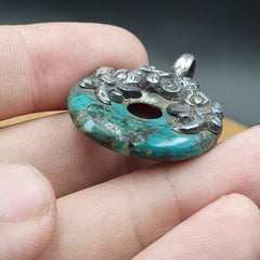 VINTAGE Antique Natural Blue Turquois 925 SILVER Donut Shape Pendant Necklace