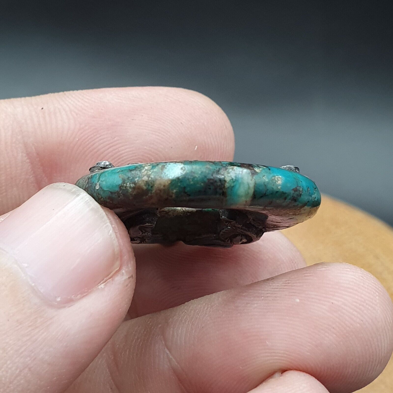 VINTAGE Antique Natural Blue Turquois 925 SILVER Donut Shape Pendant Necklace